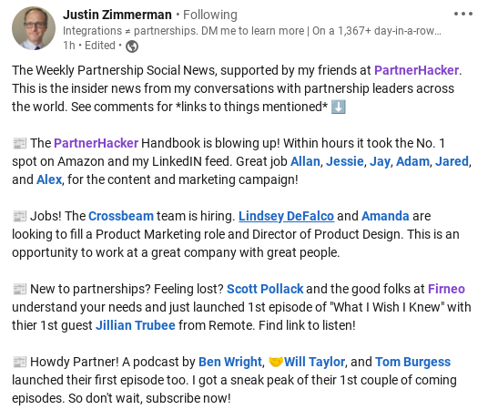 A screenshot of Justin Zimmerman's Weekly Partnership Social News on LinkedIn