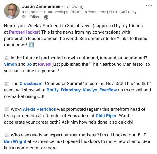 Screenshot of Justin Zimmerman's weekly partnership social news
