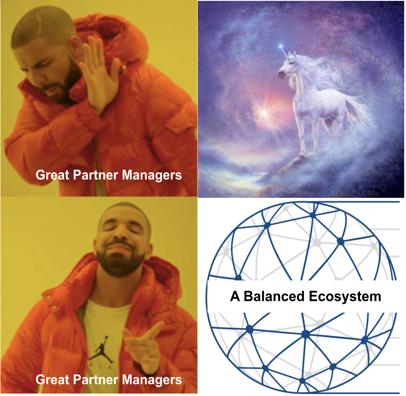 meme. great partner managers reject a unicorn. great partner managers embrace a balanced ecosystem