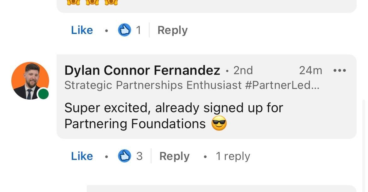 Screenshot of Dylan Connor's comment stating excitment about the PartnerHacker education hub.