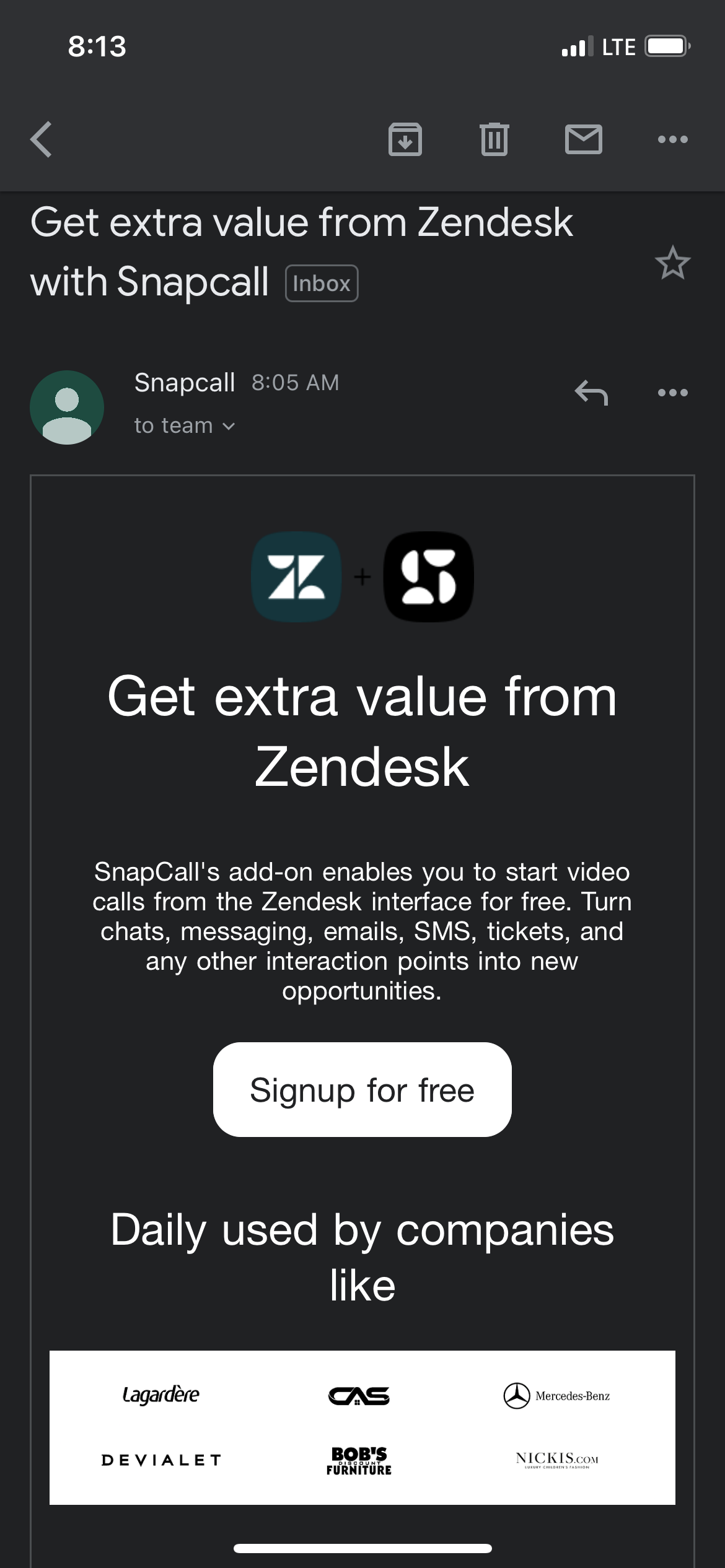 Screenshot of email from snapcall focused on Zendesk