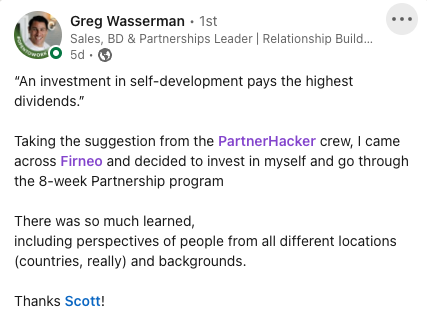 Greg Wasserman's review of Firneo's partnerships 