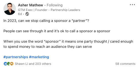 Asher Mathew LinkedIn post about sponsors not being partners.
