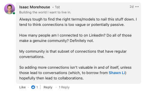 screencap of Isaac Morehouses comment on linkein.