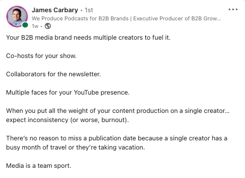 Screen cap. Never market alone. James Carbary LinkedIn post.