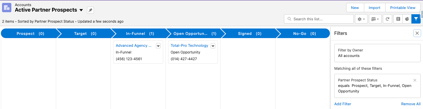 Kanban view of the Active Partner Prospects list-view in Salesforce with examples.