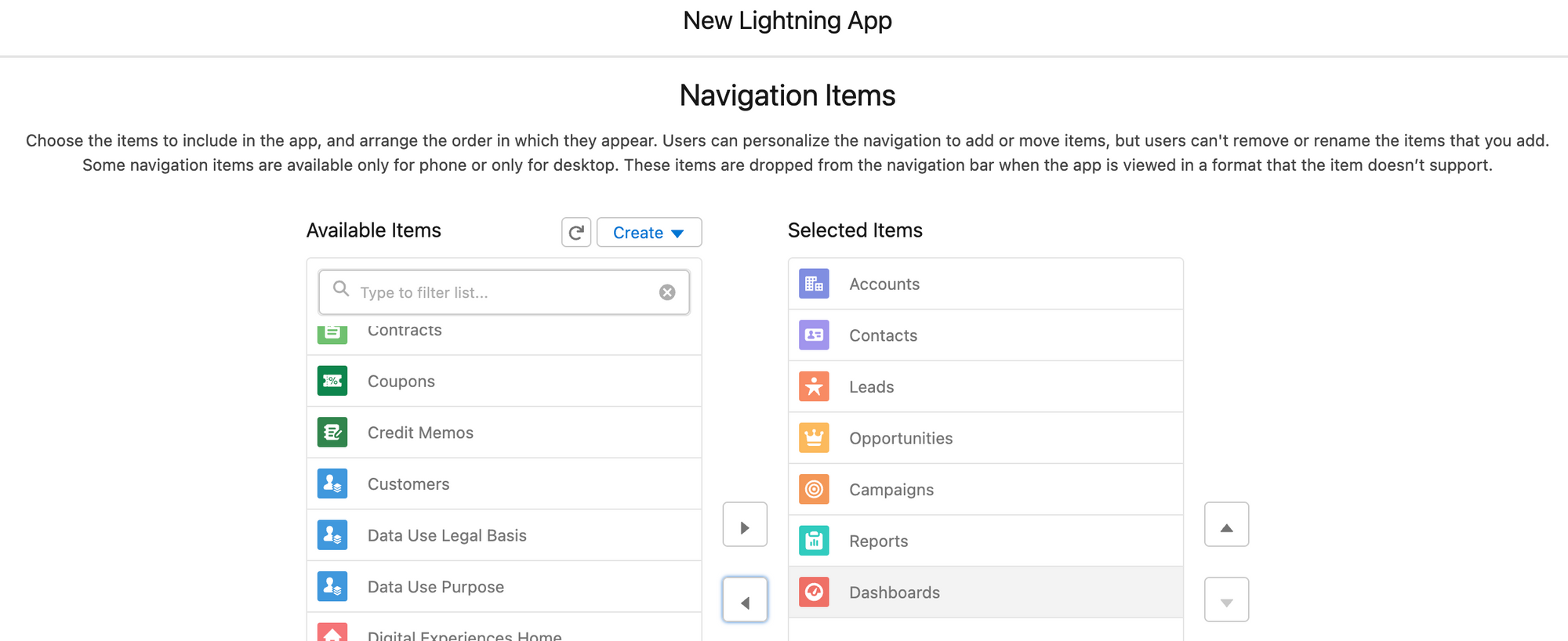 Salesforce Navigation Items from the Lightning app setup menu.