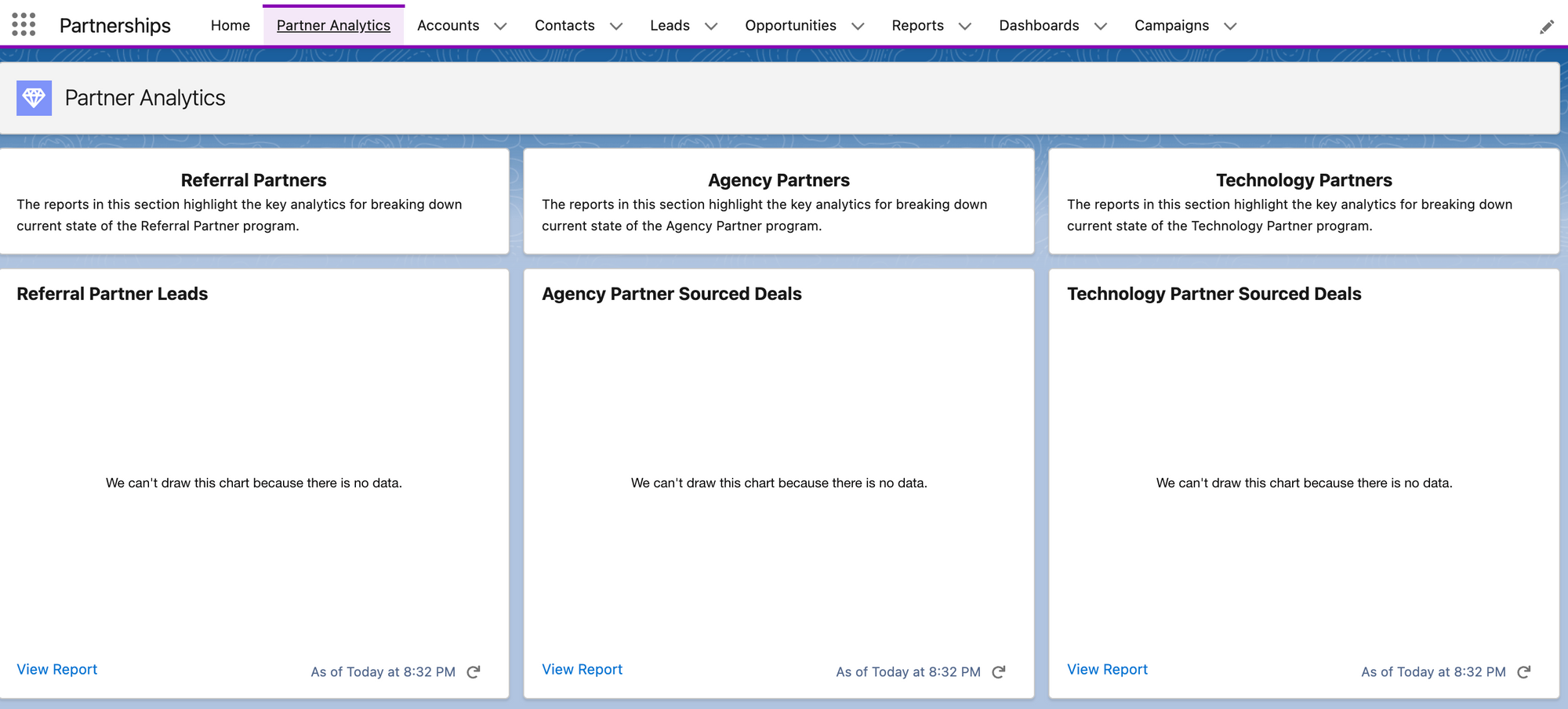 Example of Salesforce custom page for Partner Analytics.