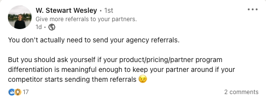 Stewart Wesley posts on LinkedIn about partner referrals.